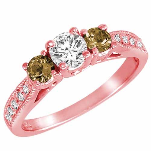 14K Rose Gold Round 3 Stone Diamond and Smoky Quartz Engagement Ring With Milgrain Pave Set Shank (1.00 cttw)