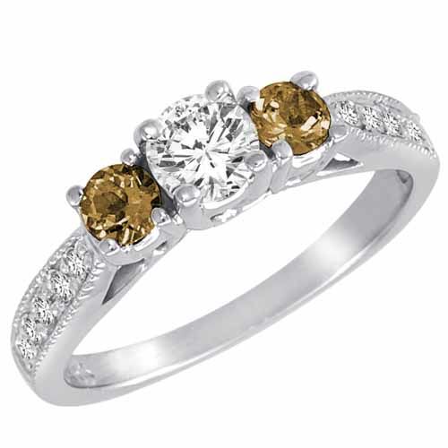 Sterling Silver Round 3 Stone Diamond and Smoky Quartz Engagement Ring With Milgrain Pave Set Shank (1.00 cttw)
