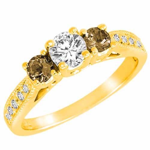 14K Yellow Gold Round 3 Stone Diamond and Smoky Quartz Engagement Ring With Milgrain Pave Set Shank (1.00 cttw)