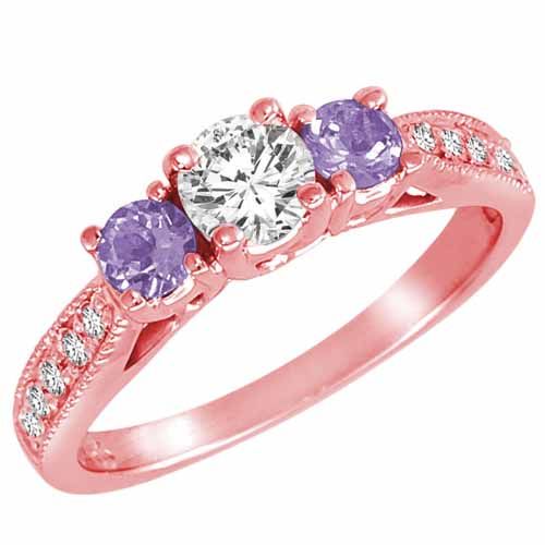 10K Rose Gold Round 3 Stone Diamond and Tanzanite Engagement Ring With Milgrain Pave Set Shank (1.00 cttw)
