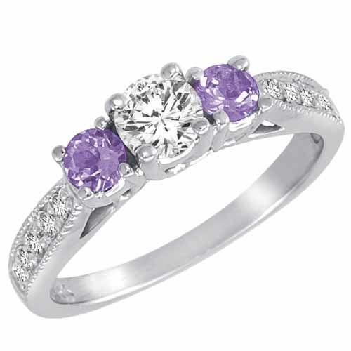 Sterling Silver Round 3 Stone Diamond and Tanzanite Engagement Ring With Milgrain Pave Set Shank (1.00 cttw)