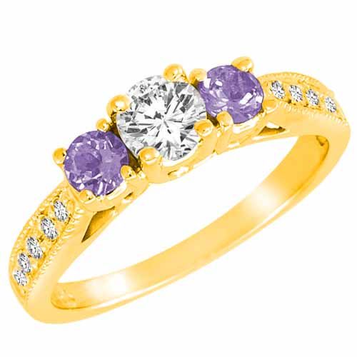 18K Yellow Gold Round 3 Stone Diamond and Tanzanite Engagement Ring With Milgrain Pave Set Shank (1.00 cttw)