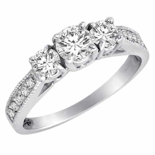 Sterling Silver 3 Three Stone Round Brilliant Diamond Engagement Ring With Milgrain Pave Set Shank (1 cttw, F-G/I1)