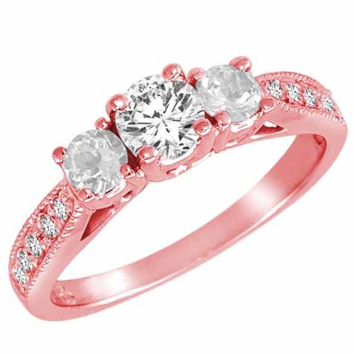 18K Rose Gold Round 3 Stone Diamond and White Quartz Engagement Ring With Milgrain Pave Set Shank (1.00 cttw)