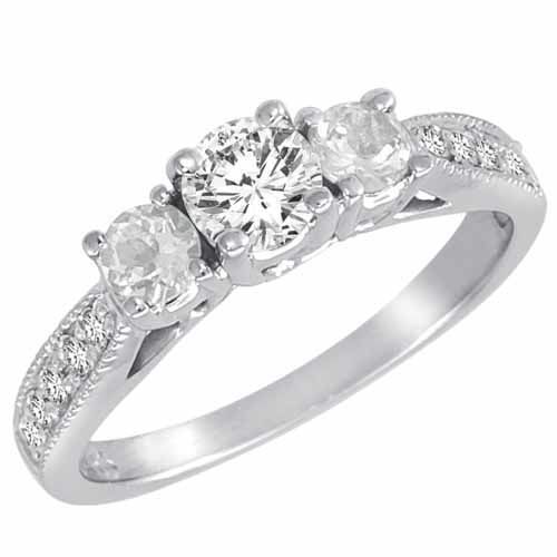Platinum Round 3 Stone Diamond and White Quartz Engagement Ring With Milgrain Pave Set Shank (1.00 cttw)