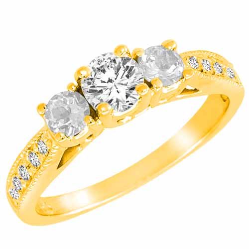 18K Yellow Gold Round 3 Stone Diamond and White Quartz Engagement Ring With Milgrain Pave Set Shank (1.00 cttw)