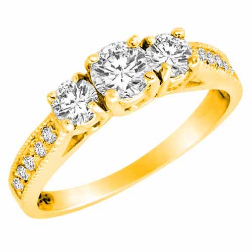 18K Yellow Gold 3 Three Stone Round Brilliant Diamond Engagement Ring With Milgrain Pave Set Shank (1 cttw, F-G/I1)