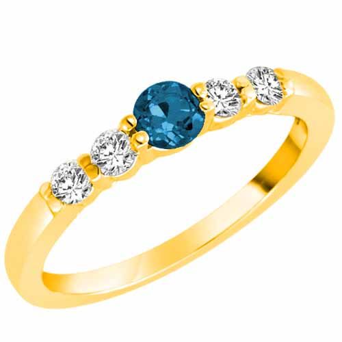 14K Yellow Gold 5 Stone Center Graduated Round Blue Diamond & White Diamond Ring (1/2 cttw, F-G, VS)