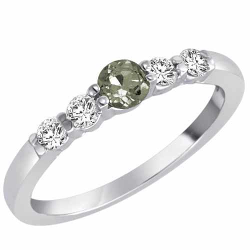 10K White Gold 5 Stone Center Graduated Green Amethyst and Diamond Band Ring (2/5 cttw)