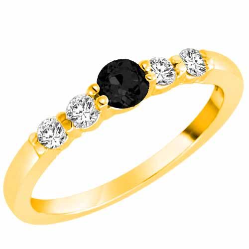 14K Yellow Gold 5 Stone Center Graduated Onyx and Diamond Band Ring (2/5 cttw)