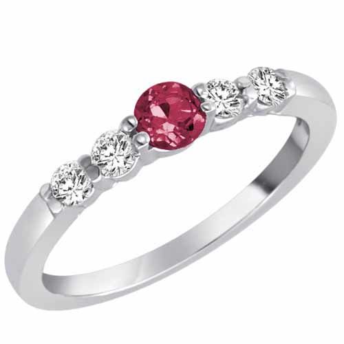Sterling Silver 5 Stone Center Graduated Pink Tourmaline and Diamond Band Ring (2/5 cttw)
