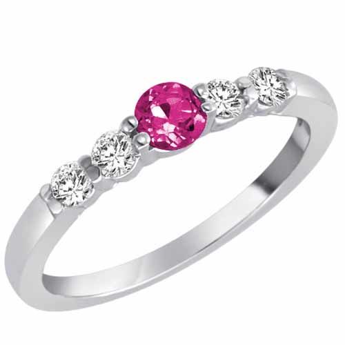 10K White Gold 5 Stone Center Graduated Pink Sapphire and Diamond Band Ring (2/5 cttw)