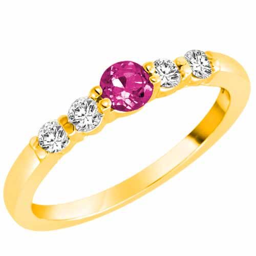 14K Yellow Gold 5 Stone Center Graduated Pink Topaz and Diamond Band Ring (2/5 cttw)