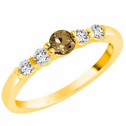 10K Yellow Gold 5 Stone Center Graduated Smoky Quartz and Diamond Band Ring (2/5 cttw)