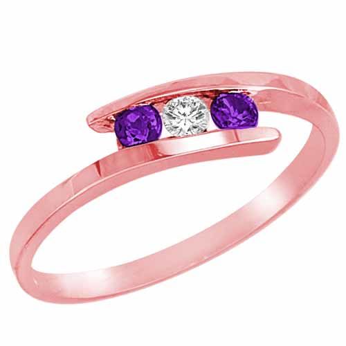 14K Rose Gold Round 3 Stone Channel Set Diamond and Amethyst Accented Ring (0.25 cttw)