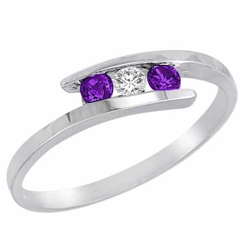 18K White Gold Round 3 Stone Channel Set Diamond and Amethyst Accented Ring (0.25 cttw)