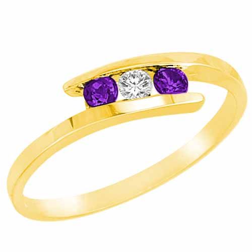 14K Yellow Gold Round 3 Stone Channel Set Diamond and Amethyst Accented Ring (0.25 cttw)