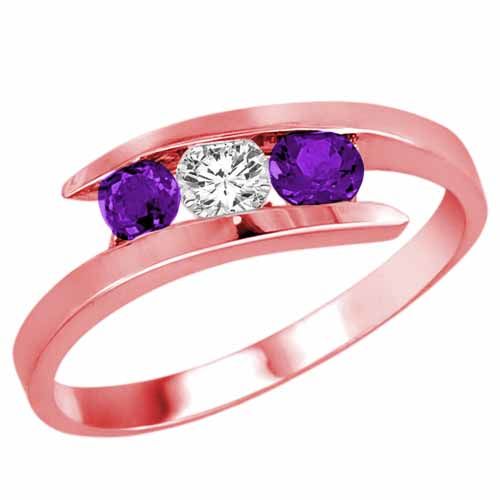 18K Rose Gold Round 3 Stone Channel Set Diamond and Amethyst Accented Ring (1/2 cttw)