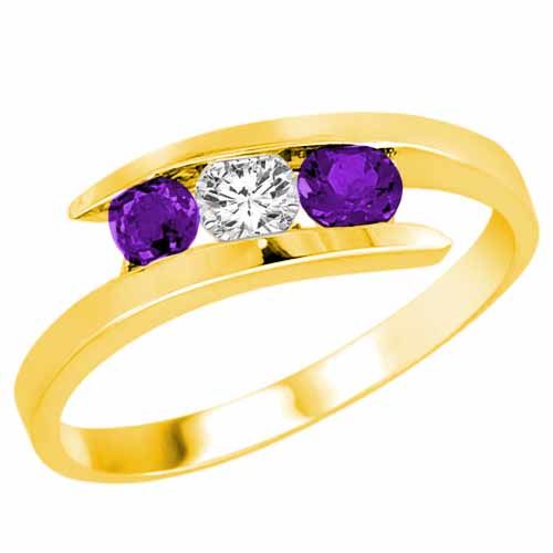14K Yellow Gold Round 3 Stone Channel Set Diamond and Amethyst Accented Ring (1.00 cttw)