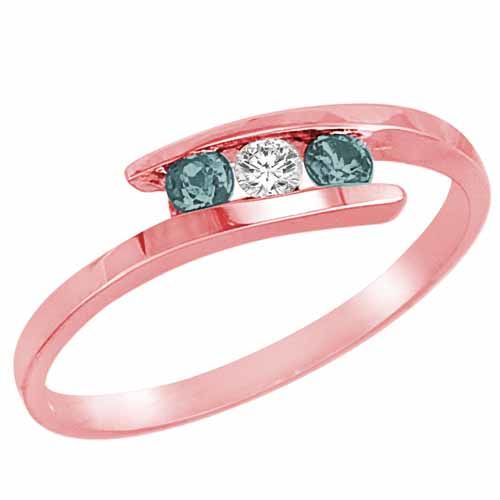 10K Rose Gold Round 3 Stone Channel Set Diamond and Aquamarine Accented Ring (0.25 cttw)