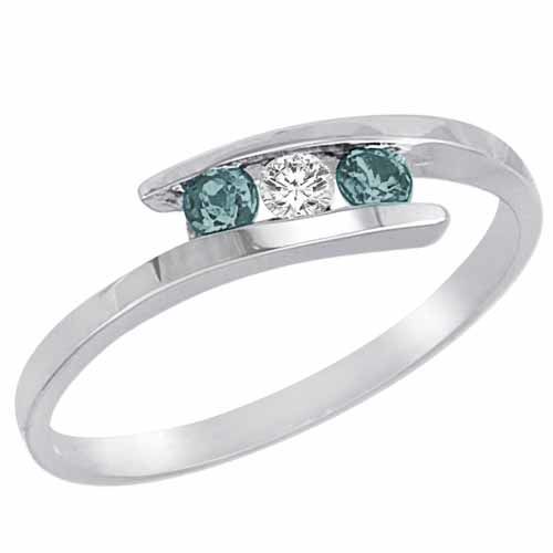 10K White Gold Round 3 Stone Channel Set Diamond and Aquamarine Accented Ring (0.25 cttw)