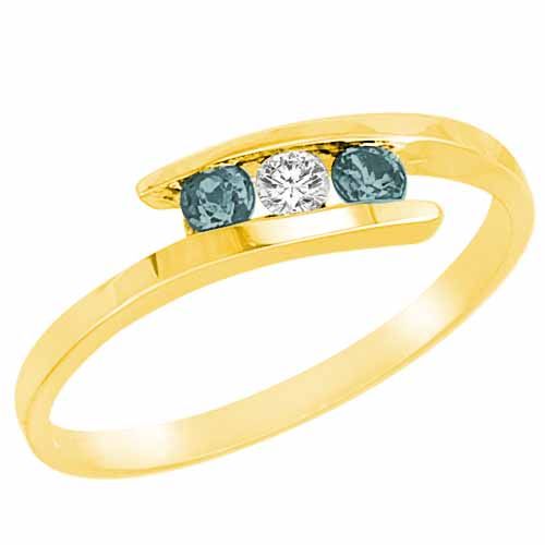 18K Yellow Gold Round 3 Stone Channel Set Diamond and Aquamarine Accented Ring (0.25 cttw)