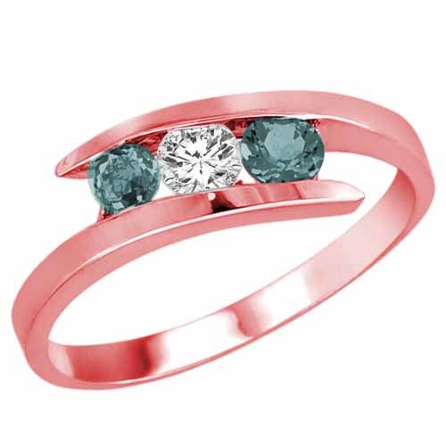 10K Rose Gold Round 3 Stone Channel Set Diamond and Aquamarine Accented Ring (1/2 cttw)