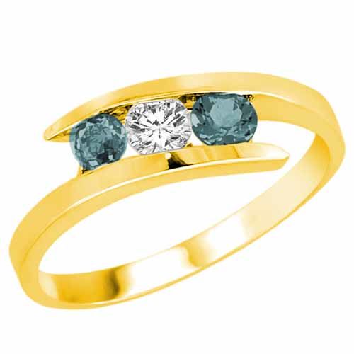 10K Yellow Gold Round 3 Stone Channel Set Diamond and Aquamarine Accented Ring (1/2 cttw)