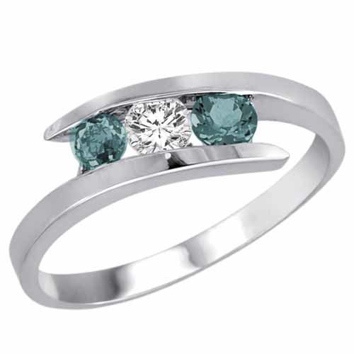 Platinum Round 3 Stone Channel Set Diamond and Aquamarine Accented Ring (1.00 cttw)