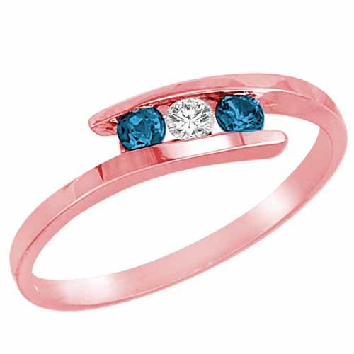 10K Rose Gold 3 Stone Channel Set Round Blue & White Diamond Ring (1/4 cttw, F-G, SI1-I2)