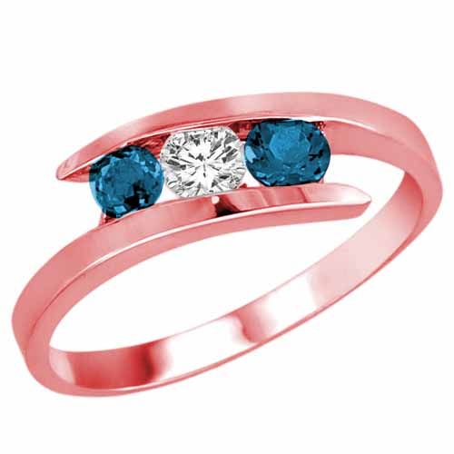 18K Rose Gold 3 Stone Channel Set Round Blue & White Diamond Ring (1/2 cttw, F-G, SI1-I2)