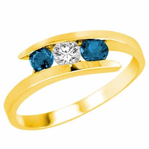 14K Yellow Gold 3 Stone Channel Set Round Blue & White Diamond Ring (1/2 cttw, F-G, SI1-I2)