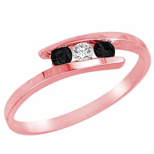 10K Rose Gold Round 3 Stone Channel Set Diamond and Black Diamond Accented Ring (0.25 cttw)