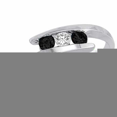 14K White Gold Round 3 Stone Channel Set Diamond and Black Diamond Accented Ring (0.25 cttw)