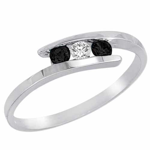 18K White Gold Round 3 Stone Channel Set Diamond and Black Diamond Accented Ring (0.25 cttw)