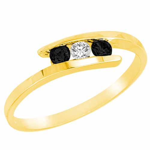 18K Yellow Gold Round 3 Stone Channel Set Diamond and Black Diamond Accented Ring (0.25 cttw)