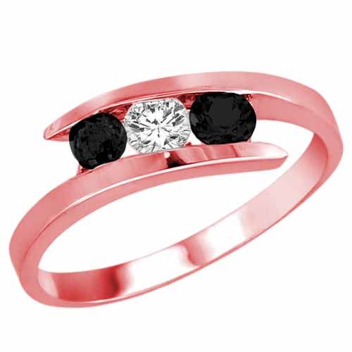 10K Rose Gold Round 3 Stone Channel Set Diamond and Black Diamond Accented Ring (1/2 cttw)