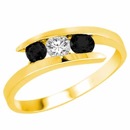 10K Yellow Gold Round 3 Stone Channel Set Diamond and Black Diamond Accented Ring (1/2 cttw)