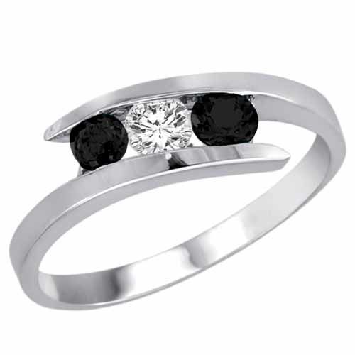 10K White Gold Round 3 Stone Channel Set Diamond and Black Diamond Accented Ring (1.00 cttw)