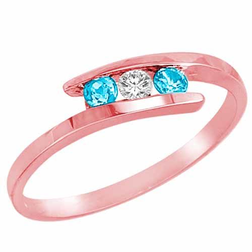 18K Rose Gold Round 3 Stone Channel Set Diamond and Blue Topaz Accented Ring (0.25 cttw)