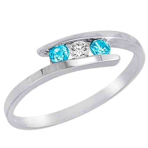 18K White Gold Round 3 Stone Channel Set Diamond and Blue Topaz Accented Ring (0.25 cttw)
