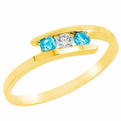 18K Yellow Gold Round 3 Stone Channel Set Diamond and Blue Topaz Accented Ring (0.25 cttw)