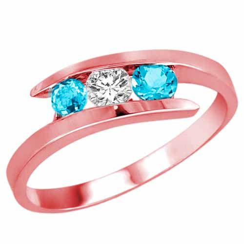 14K Rose Gold Round 3 Stone Channel Set Diamond and Blue Topaz Accented Ring (1.00 cttw)