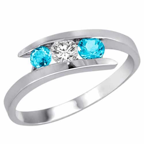 Sterling Silver Round 3 Stone Channel Set Diamond and Blue Topaz Accented Ring (1.00 cttw)