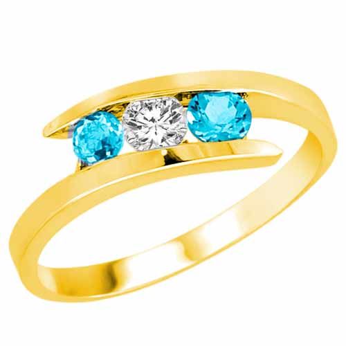 18K Yellow Gold Round 3 Stone Channel Set Diamond and Blue Topaz Accented Ring (1.00 cttw)