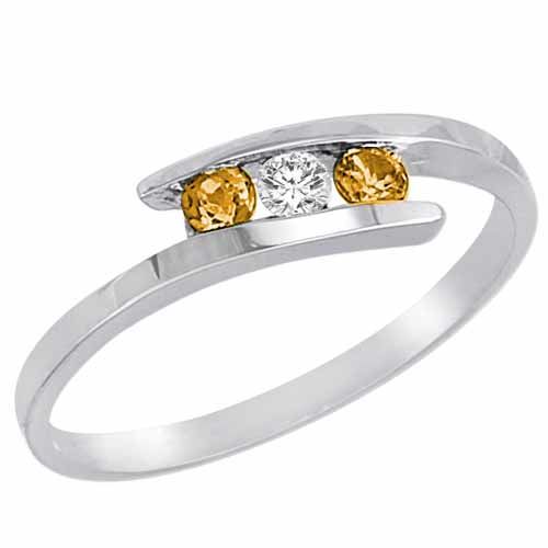 10K White Gold Round 3 Stone Channel Set Diamond and Citrine Accented Ring (0.25 cttw)
