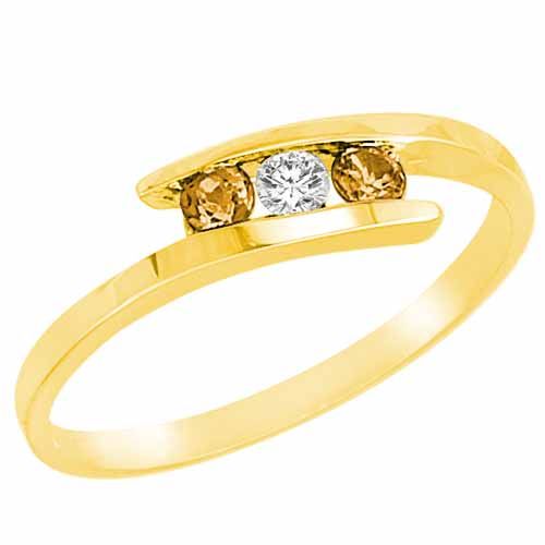 10K Yellow Gold Round 3 Stone Channel Set Diamond and Citrine Accented Ring (0.25 cttw)