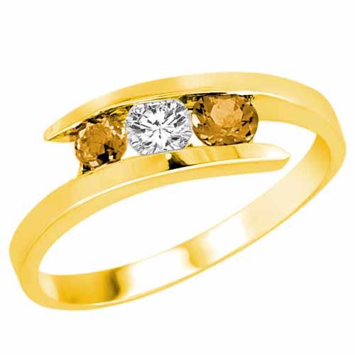 14K Yellow Gold Round 3 Stone Channel Set Diamond and Citrine Accented Ring (1.00 cttw)