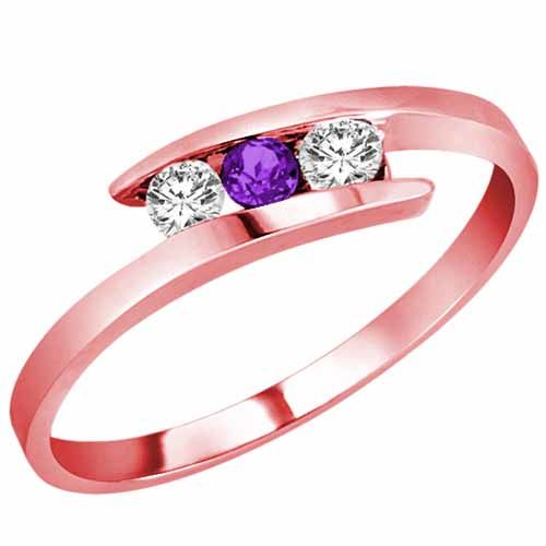 18K Rose Gold Round 3 Stone Channel Set Amethyst and Diamond Ring (0.25 cttw)