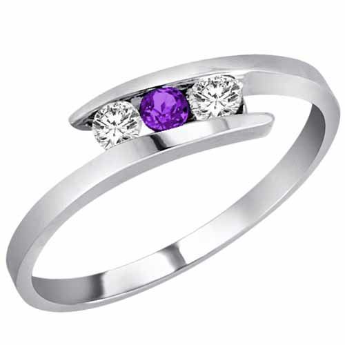 Sterling Silver Round 3 Stone Channel Set Amethyst and Diamond Ring (0.25 cttw)